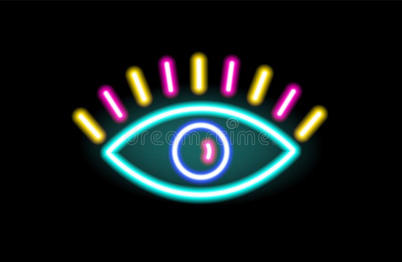 Neon sign of eye glowing on black background. Fluorescent retro signboard. Decorative illuminated element. Bright shiny vector illustration