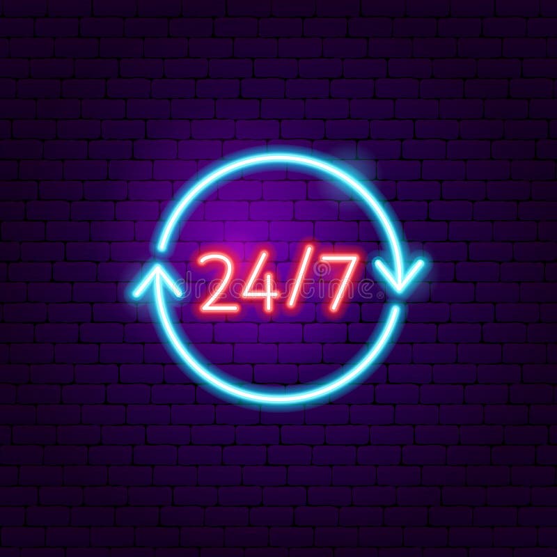 24 7 Neon Sign stock vector. Illustration of food, night 137618411