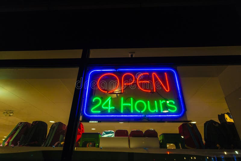 Neon Open 24 Hours Sign stock image. Image of bright - 11129027