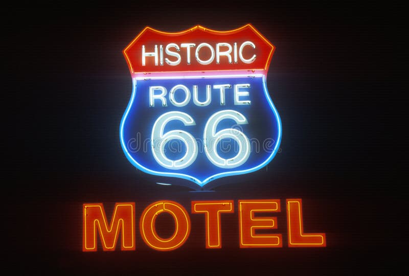 A neon sign that reads �Historic Route 66 Motel� stock images