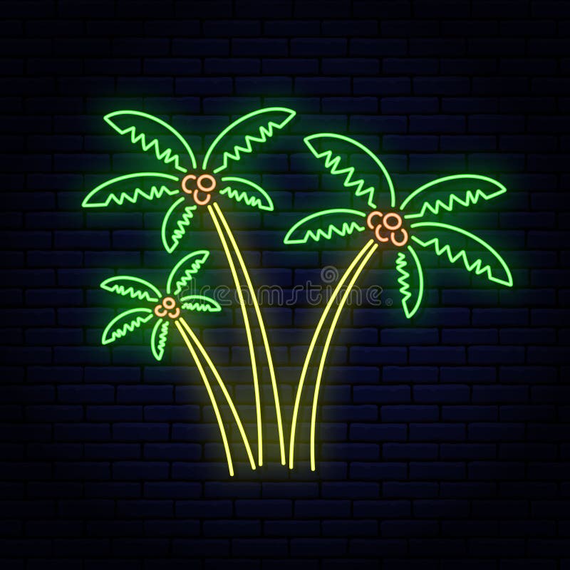 Neon sign, three palm trees of different size against a brick wall.