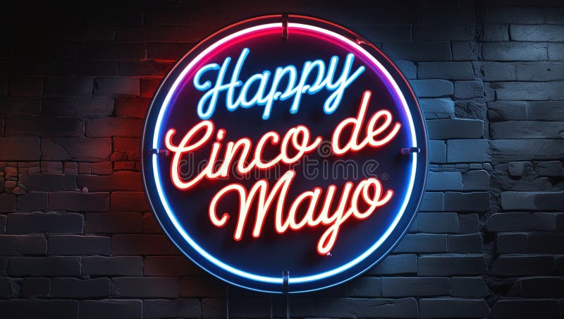Neon sign with the words \'Happy Cinco de Mayo\' stock illustration