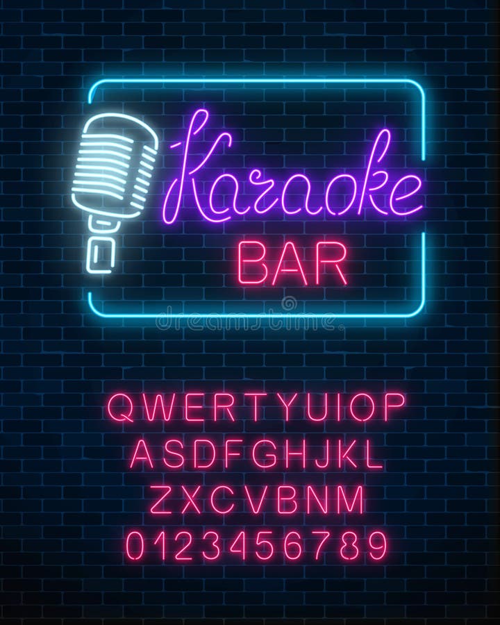 Neon signboard of karaoke music bar with alphabet. Glowing street sign of a nightclub with live music.