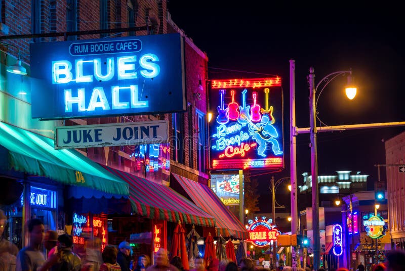 Neon signs on Beale street. MEMPHIS, USA - NOV 12: Neon signs of famous blues clubs on Beale street on November 12, 2016 Beale street is a place for blues stock photography Neon signs on Beale street. MEMPHIS, USA - NOV 12: Neon signs of famous blues clubs on Beale street on November 12, 2016 Beale street is a place for blues stock photography