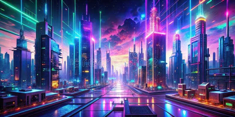Neon skyline av en futuristisk storpolis vid sunset. Generativ AI royaltyfri illustrationer