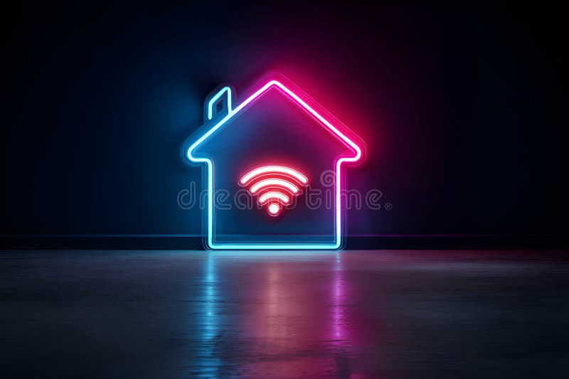 Neon Smart Home Schild beleuchtet dunklen Raum mit WiFi Symbol lizenzfreies stockfoto