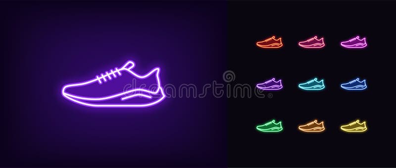 Neon sneaker icon. Glowing neon sneaker sign, sport shoe in vivid colors. Fashion running footwear, night fitness marathon, online shopping. Icon set, sign, symbol for UI. Vector illustration. Neon sneaker icon. Glowing neon sneaker sign, sport shoe in vivid colors. Fashion running footwear, night fitness marathon, online shopping. Icon set, sign, symbol for UI. Vector illustration