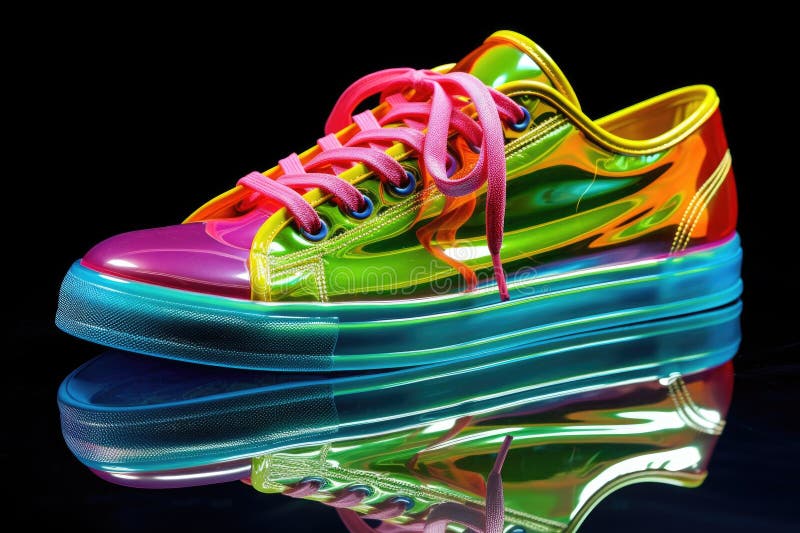 Neon Sneakers on a Glassy Surface, Reflecting Vibrant Colors Stock ...
