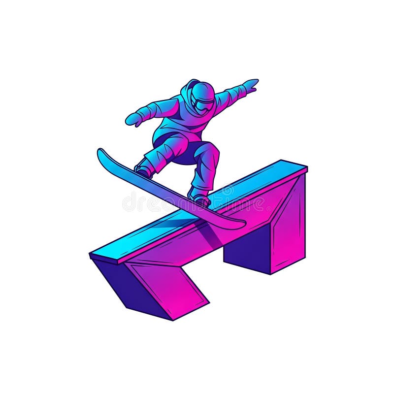 Neon snowboarder rail grind vector illustration this vibrant depicts a in mid action performing dynamic or slide trick the stock illustratie