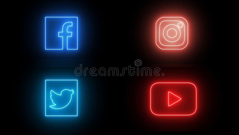 Neon social media icons set. Facebook, Instagram, Twitter and Youtube icon with neon, glowing led lights.