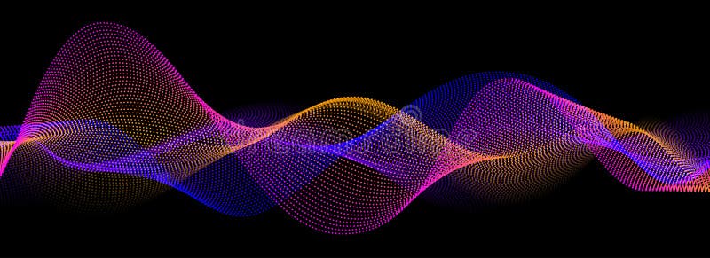 Neon sound wave on black background. Abstract flowing wavy dot lines design for ai concept, eq equalizer, audio record royalty free illustration