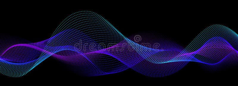 Neon sound wave on black background. Abstract flowing wavy dot lines design for ai concept, eq equalizer, audio record stock illustration