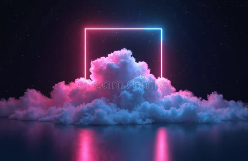 Neon square with cloudscape on starry night sky. Abstract 3D illustration of surreal scene. Pink blue glowing frame concept. vector illustration