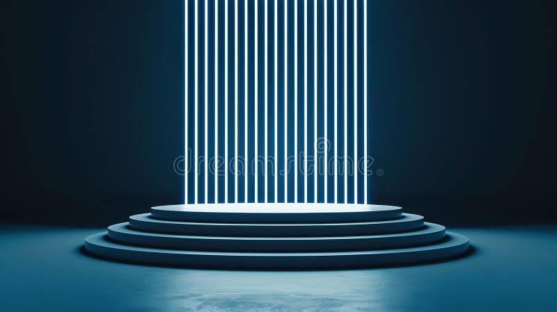 Platformă circulară cu dungi neon cu lumină albastră verticală cu lumină cu lumină intermitentă cu ambianță futuristă royalty free illustration