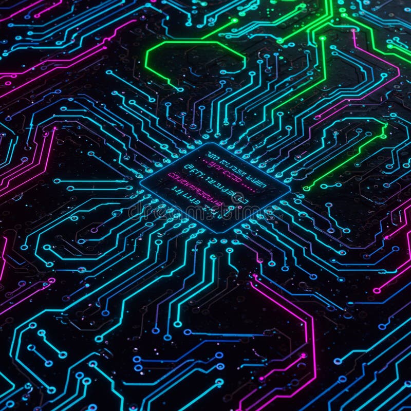 Neon-style circuit board design featuring intricate, illuminated pathways in blue, pink royalty free illustration