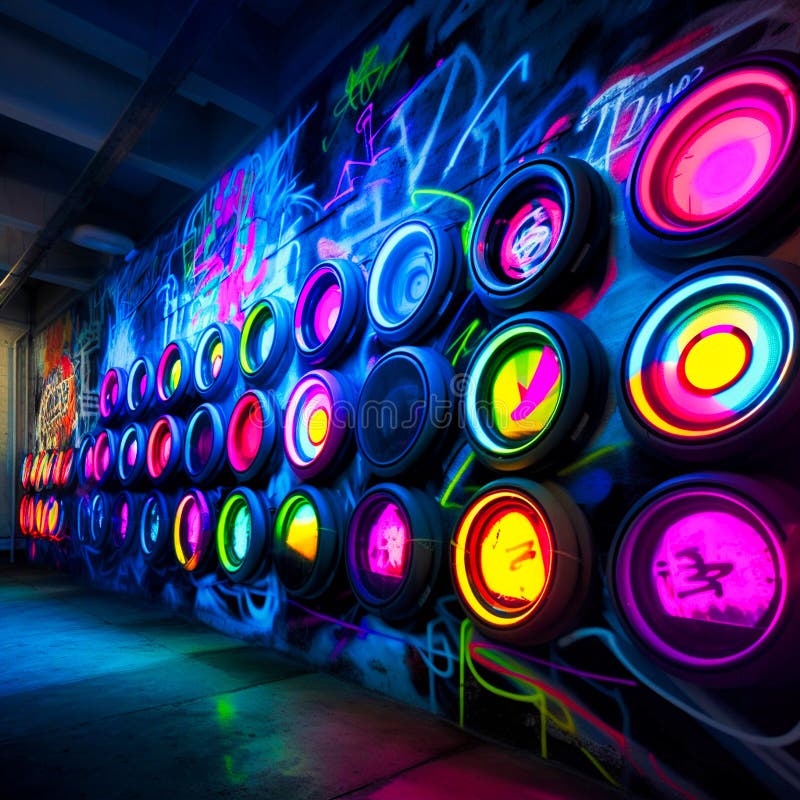 Neon Style Graffiti Wall of Futuristic Speakers, Generative AI Stock