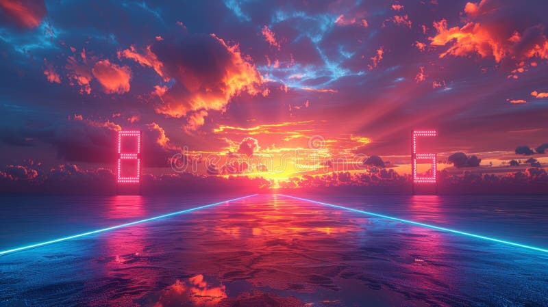 Neon Sunset with Digital Elements Generative AI stock illustration