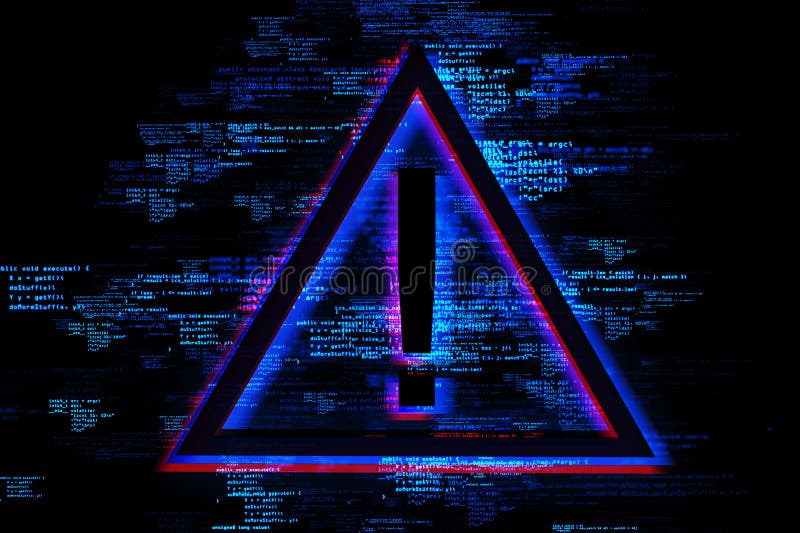 Neon triangle with exclamation point and coding script with a digital glitch aesthetic. Cybersecurity concept. vector illustration