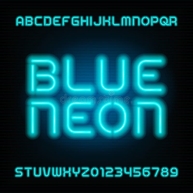 Neon Tube Alphabet Font. Type Letters and Numbers. Blue Color on a Dark ...