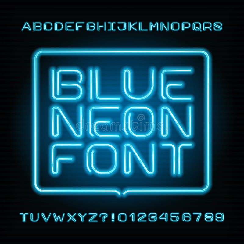 Neon Tube Alphabet Font. Type Letters and Numbers. Blue Color on a Dark ...