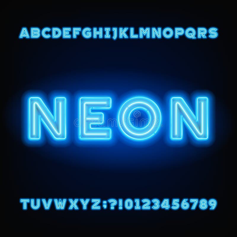 Neon tube alphabet font. White and blue color bold letters and numbers.