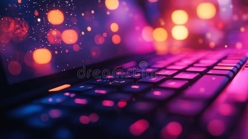 Neon Vaporwave Keyboard, Abstract Technology Background, With A Shallow Depth Of Field. vector illustration