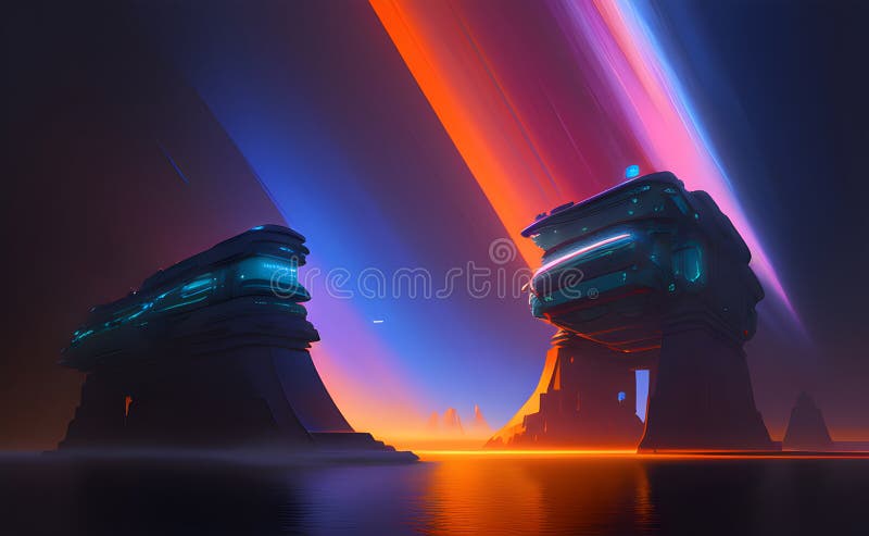 Neon Wave Patterns in Blue and Orange on Abstract Background - Generative AI stock illustration