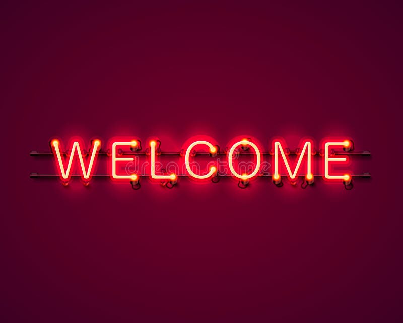 Neon Welcome Open Signboard On The Brick Wall Background. Stock Vector ...