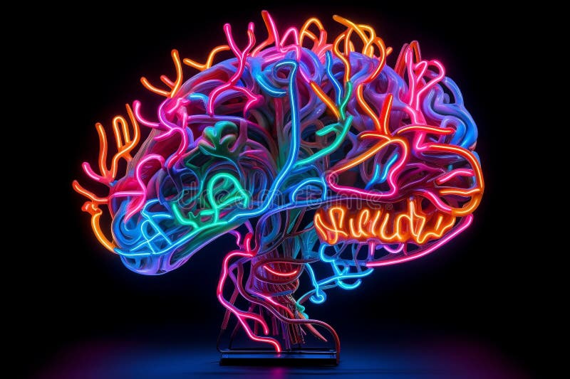 A Neon Wire Frame Brain, Generative AI royalty free illustration