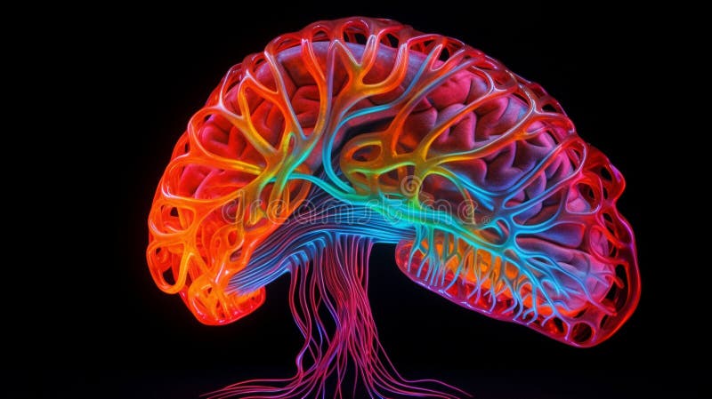 A Neon Wire Frame Brain, Generative AI stock illustration