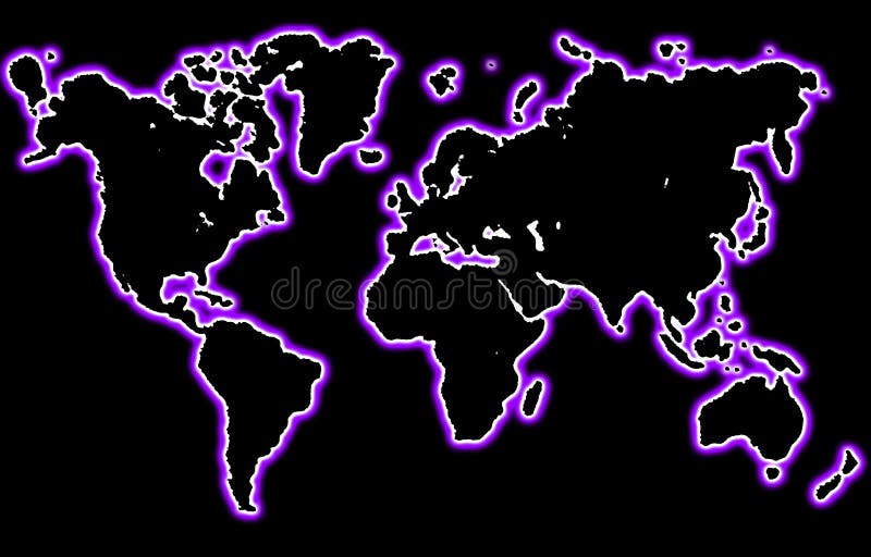 Outline of the world's continents in a purple and white neon style. Outline of the world's continents in a purple and white neon style