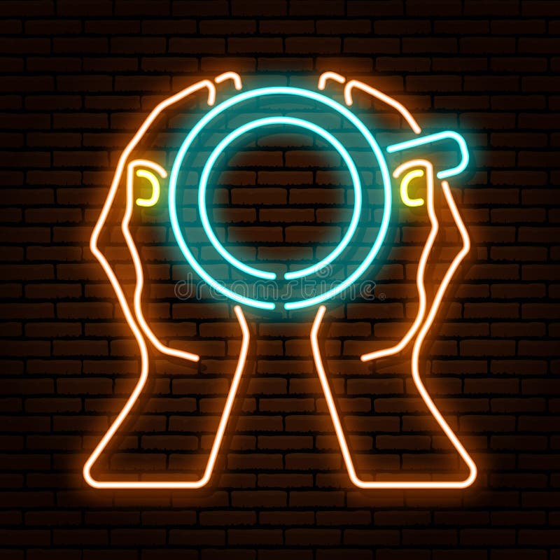 Neon-Zeichen Hände, die eine Tasse obere Ansicht halten Vor dem Hintergrund einer Backsteinwand lizenzfreie abbildung