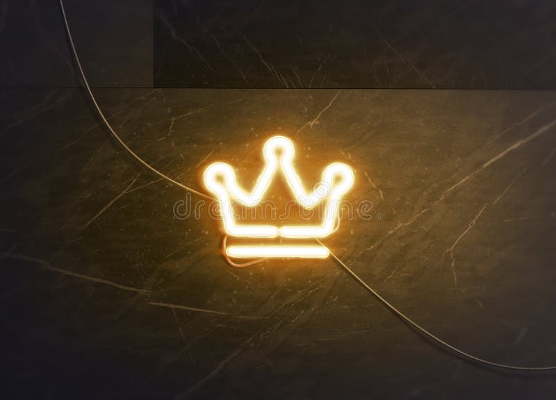 Neon złota korona na ciemnej marmurowej ścianie, świecąca czcionka mockup royalty ilustracja