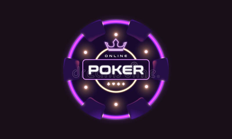 Neon świecący chip pokera z koroną i Poker Online tekst na ciemnym tle. Jasna futurystyczna koncepcja kasyna dla banerów ilustracja wektor