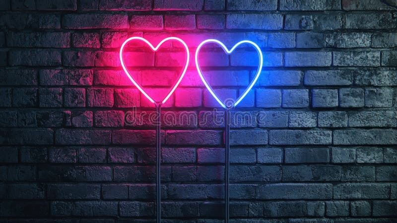 Neon βαλεντίνοι φόντο μιας ημέρας με λαμπερές κόκκινες και μπλε καρδιές. αντίληψη του ρομαντισμού αγάπη και εορταστική ατμόσφαιρα στοκ εικόνες