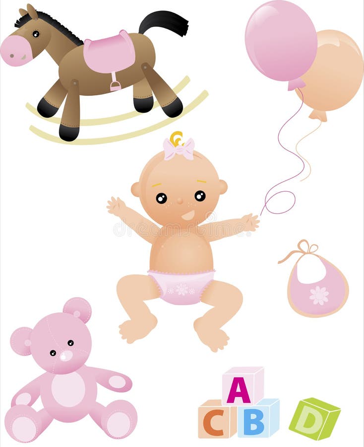 Neonata sveglia con i suoi giocattoli illustrazione di stock Neonata sveglia con i suoi giocattoli illustrazione di stock