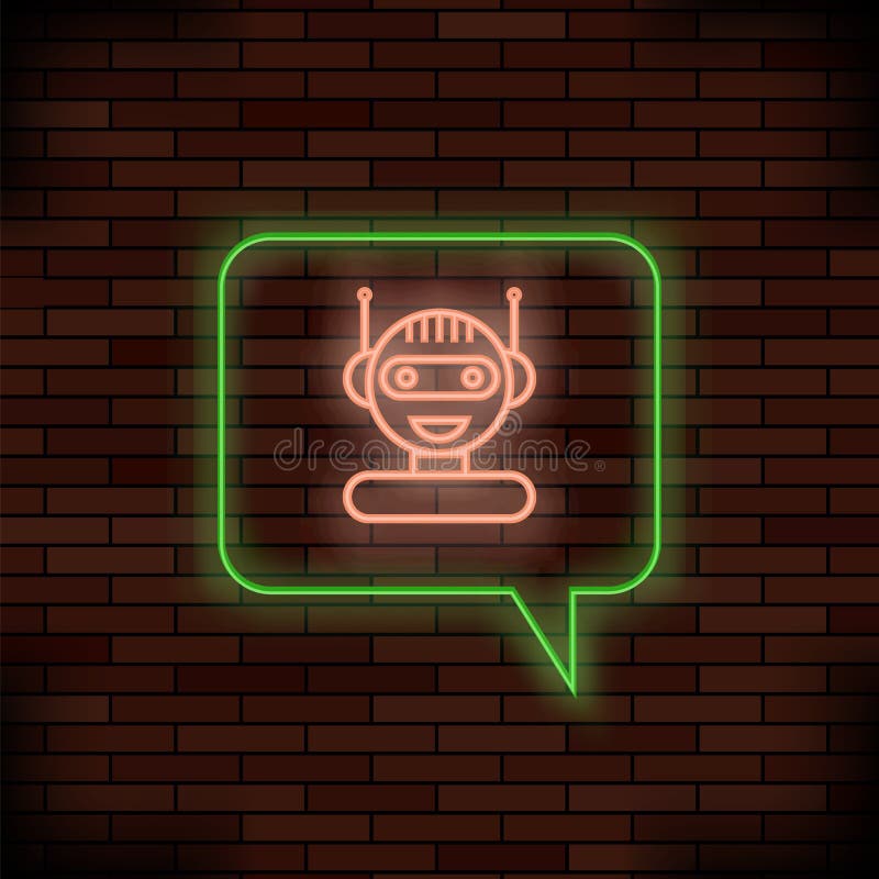 Neonchat Bot auf Ziegelstein-Hintergrund Konzept der künstlichen Intelligenz Lächelnde Chatbot-Ikone Roboter-virtuelle Unterstütz stock abbildung