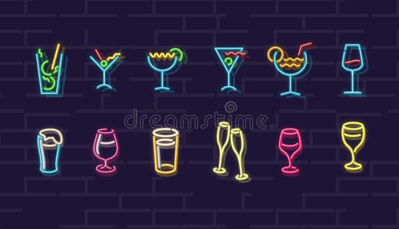 Neondranken Cocktails, wijn, bier, champagne Het nacht verlichte teken van Wall Street Koude alcoholdranken in donkere nacht royalty-vrije illustratie Neondranken Cocktails, wijn, bier, champagne Het nacht verlichte teken van Wall Street Koude alcoholdranken in donkere nacht royalty-vrije illustratie