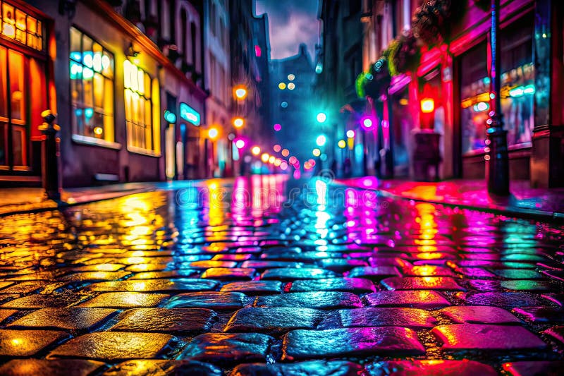 NeonDrenched Nightfall på Cobbling Streets a Surreal Fantasy Cityscape som fångas in i Photorealistiska Digital Art vektor illustrationer