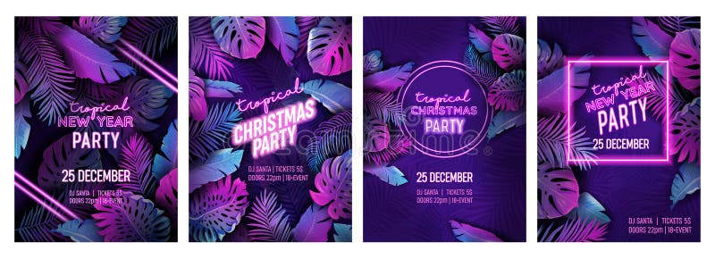 Neonfliegersatz des tropischen Weihnachtsfests, dynamische Vektor Neujahrsfeiertagplakat Disco monstera Palmblätter Design vektor abbildung