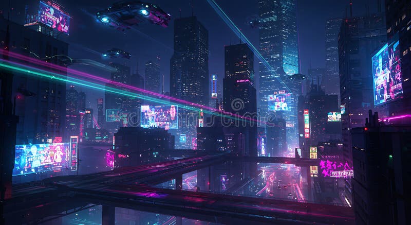 Neonglöd över framtida metropolis nattetid royaltyfri illustrationer