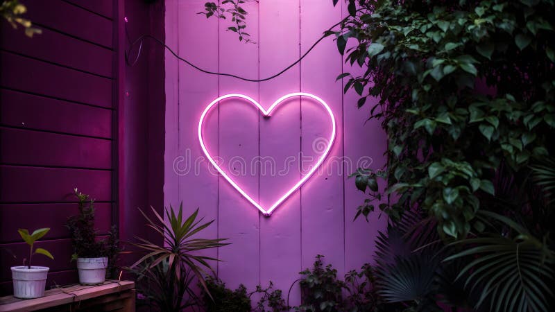 Neonherz an der rosa Holzwand, umgeben von Grün. stockbilder