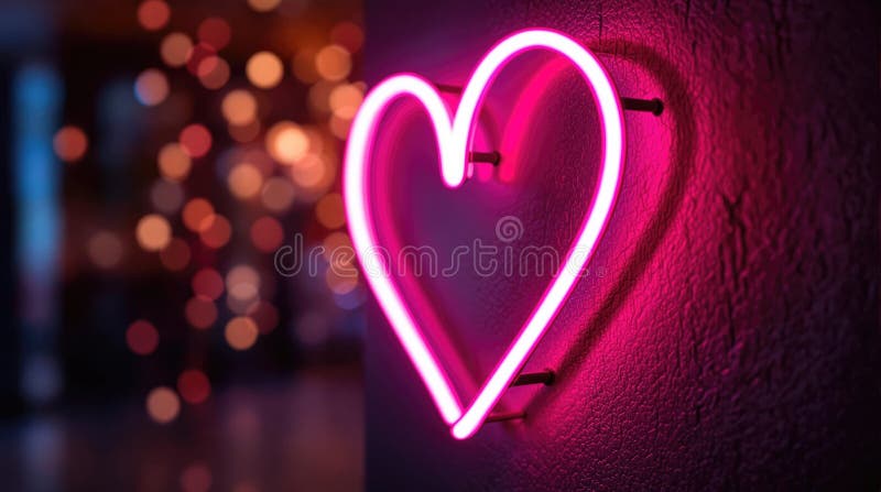 Neonherz schafft ein lebendiges Ambiente in einem gemütlichen Zimmer mit Lichtern im Hintergrund und sorgt für Romantik stockfoto