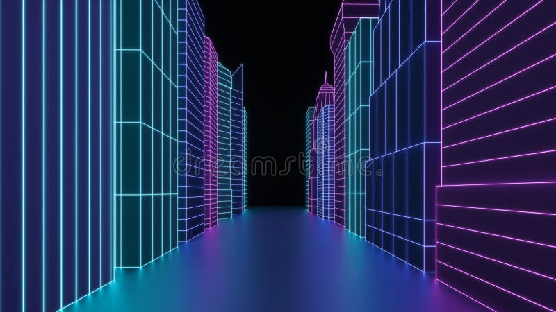 Neonhologram stadsskyskraporna Futuristiskt framför gatan för staden 3d i neonljus Digital cityscape i en cybervärld
