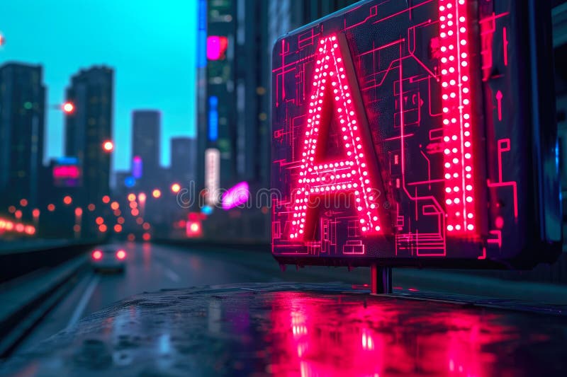 Neoninfunderad text för att skina mot cybernetiskt cityscape. royaltyfri illustrationer