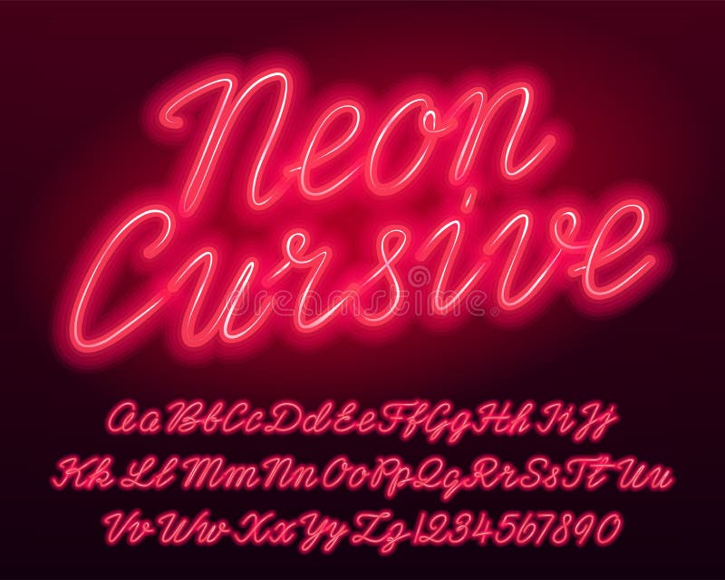 Neon cursive alphabet font. Red color lowercase and uppercase bright letters and numbers. Stock vector typescript for your typography design. Neon cursive alphabet font. Red color lowercase and uppercase bright letters and numbers. Stock vector typescript for your typography design.