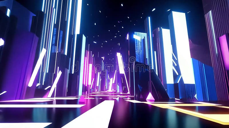 Neonlit cityscape med vibranta geometriska byggnader, mörkt himmel och glödande partiklar royaltyfri illustrationer