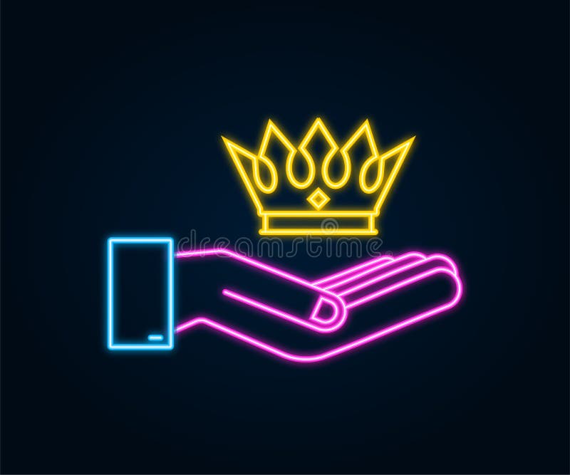 Neonowa korona króla wisząca nad rękami odizolowanymi na ciemnym tle. złota ikona królewska. ilustracja wektorowa. royalty ilustracja