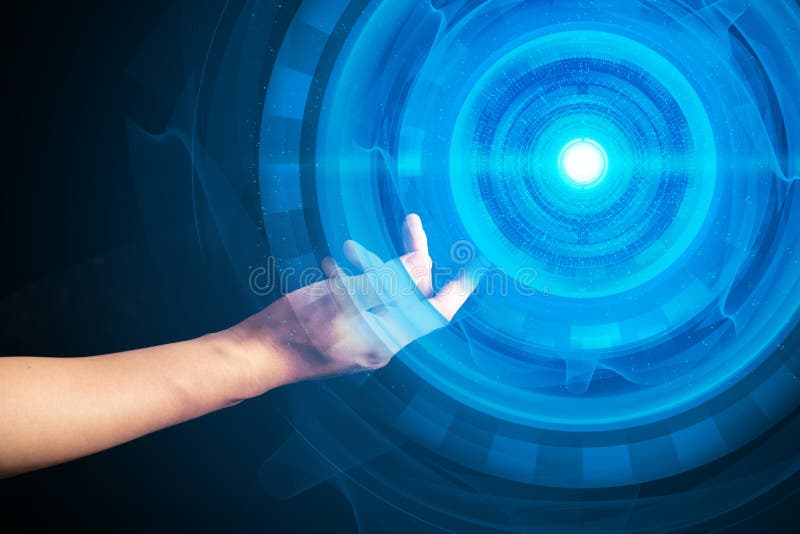 Hand blue laser neon glow eye in digital technology robotic and network cyber connect in human meet ai concept. Hand blue laser neon glow eye in digital technology robotic and network cyber connect in human meet ai concept