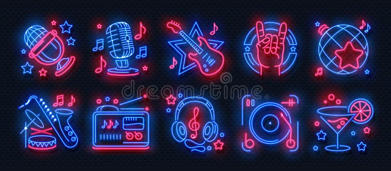 Neonowe partyjne ikony Muzyki tanecznej karaoke światło podpisuje, rozjarzony koncertowy sztandar, skały dyskoteki prętowy plakat